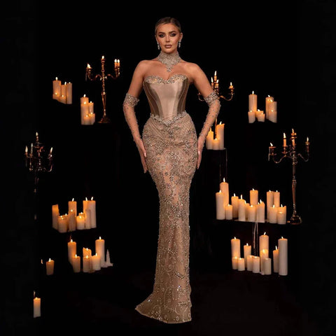 Robe de soirée longue et transparente avec corset perlé et gants LA72929 