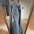 Vestidos de noche de sirena con cuentas, estilo musulmán, color azul Dubai, de lujo, con mangas tipo capa, para fiestas femeninas LA72533 