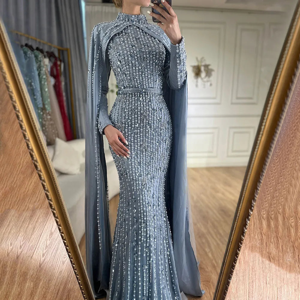 Vestidos de noche de sirena con cuentas, estilo musulmán, color azul Dubai, de lujo, con mangas tipo capa, para fiestas femeninas LA72533 