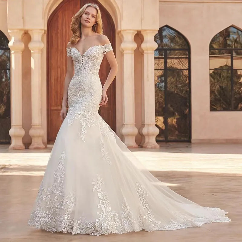 Robe De mariée sirène, épaules dénudées, Vintage, avec dentelle brodée, Sexy, col en v