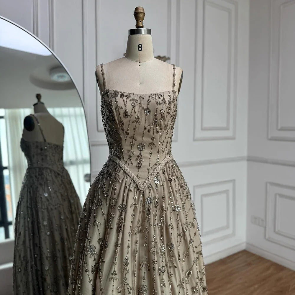 Luxury Sage Green Beaded A-Line Spaghetti Strap Evening Dress LA72805