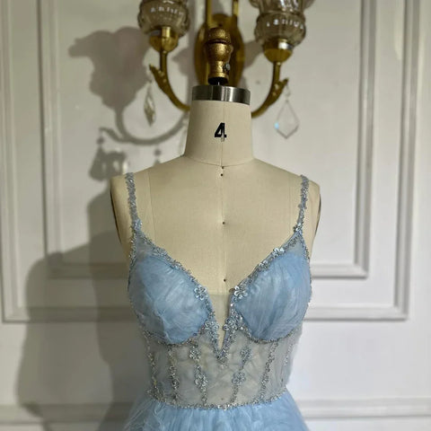 Robe de bal élégante vert sauge 2025, dos nu, bretelles spaghetti, coupe trapèze, pour femme | Mariage LA72636 