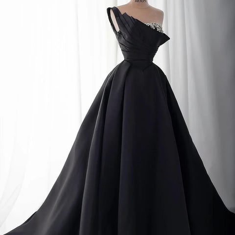 2025 Black One Shoulder Satin A Line Beaded Evening Gown with Sleevelets for Women's Party Saudi Dress LA72741