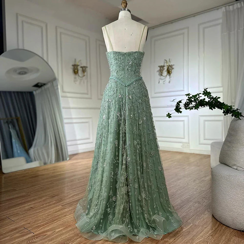 Sage Green Beaded A-Line Spaghetti Strap Evening Dress Gown LA72805