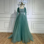 Vestido de noche de lujo saudí, corte A, estilo árabe, con plumas, mangas tipo capa y cuentas. Ideal para ocasiones formales. Modelo LA71782A (2025). 