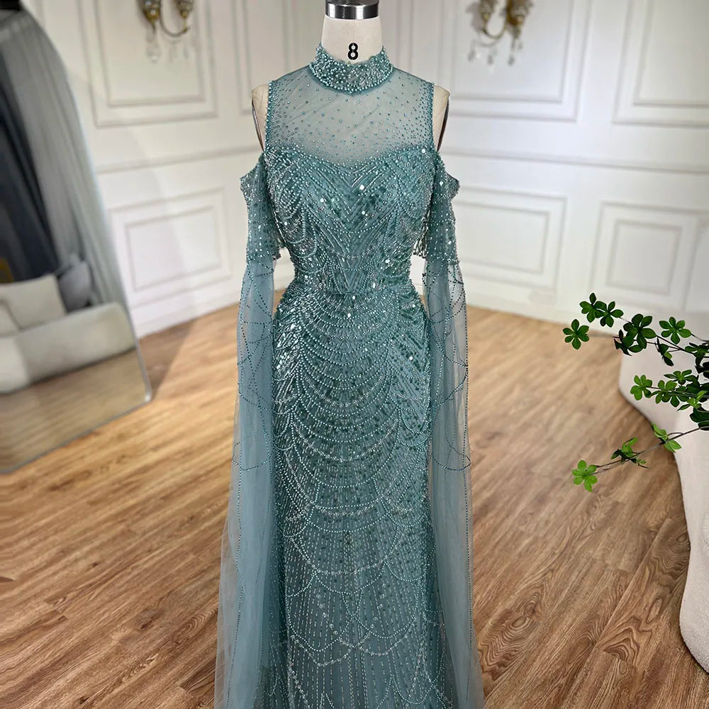Dubai Pink Cape Sleeves Mermaid Beaded Luxury Long Arabic Evening Dresses Gowns for Woman Wedding Party LA71992A