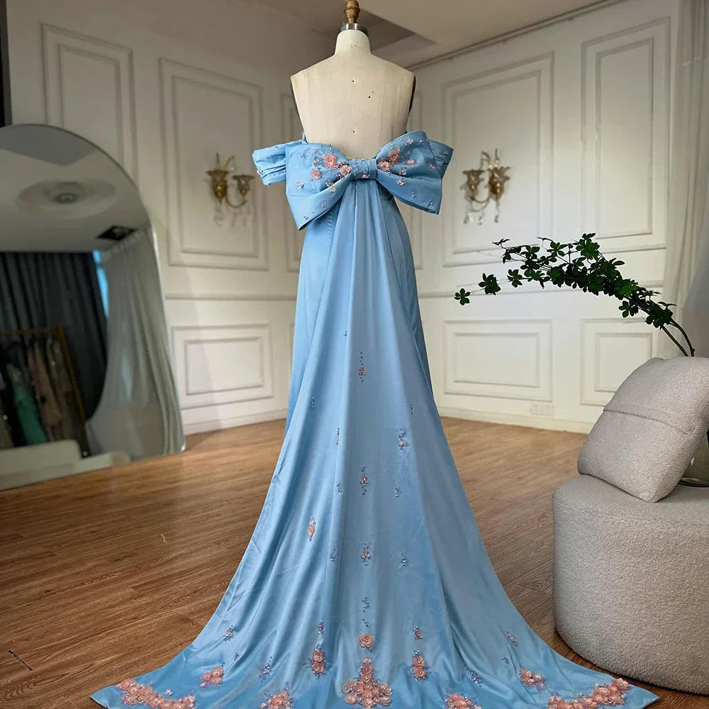 Vestido de noche árabe azul sin tirantes con cuentas, corte en A, estilo saudí, para ocasiones formales LA72792 