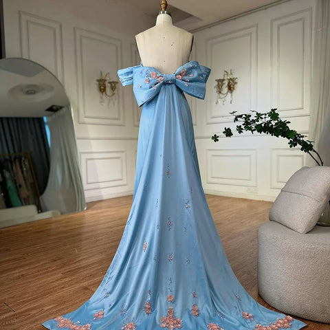 Vestido de noche árabe azul sin tirantes con cuentas, corte en A, estilo saudí, para ocasiones formales LA72792 