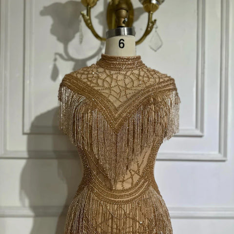 Vestidos de noche de lujo de sirena gris, mangas cortas, cuentas y borlas, sexys para mujer, fiesta 2025 LA70529 