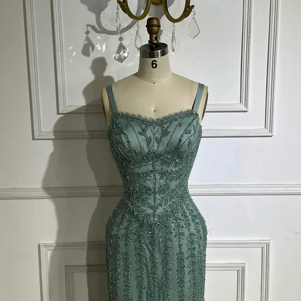 Vestido de noche de sirena azul árabe con tirantes finos, lujoso vestido de noche saudí con cuentas para ocasiones formales LA72725 