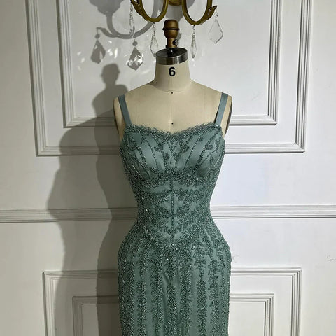 Robe de soirée sirène bleu arabe à bretelles spaghetti, luxueuse robe de soirée saoudienne perlée pour une occasion formelle, LA72725 