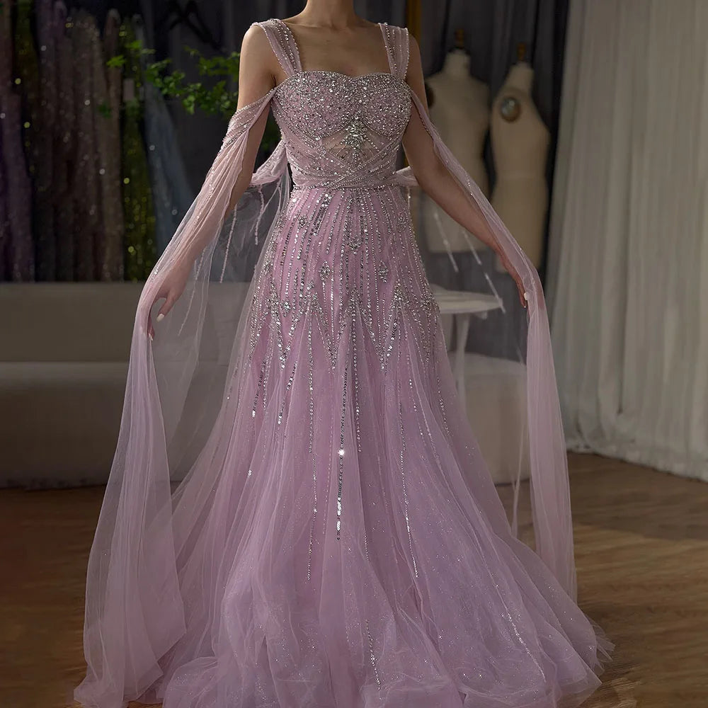 Vestido de noche corte A con tirantes finos y cuentas rosas, estilo capa, ideal para ocasiones formales (LA72726) 