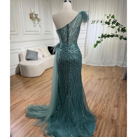Vestido de noche de sirena turquesa, sexy, con abertura alta y falda con plumas y cuentas, para mujer, 2025, para fiesta, LA71955 