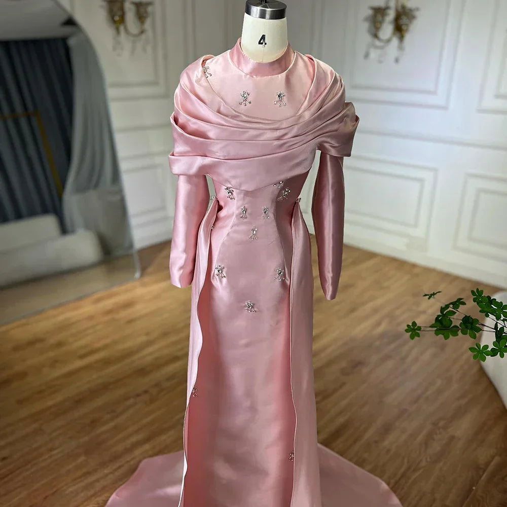 Vestido de noche de lujo saudí de satén azul con cuentas, estilo sirena, para ocasiones formales (modelo LA72414M) 