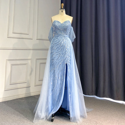 Blue High Split Mermaid Evening Dresses Gowns 2025 Beaded Elegant Luxury For Woman Party LA71595