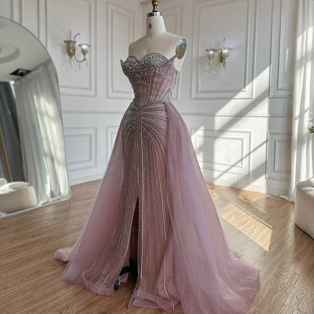 Vestidos de noche de sirena color nude con cuentas y sobrefalda para ocasiones formales LA72811 (2025) 
