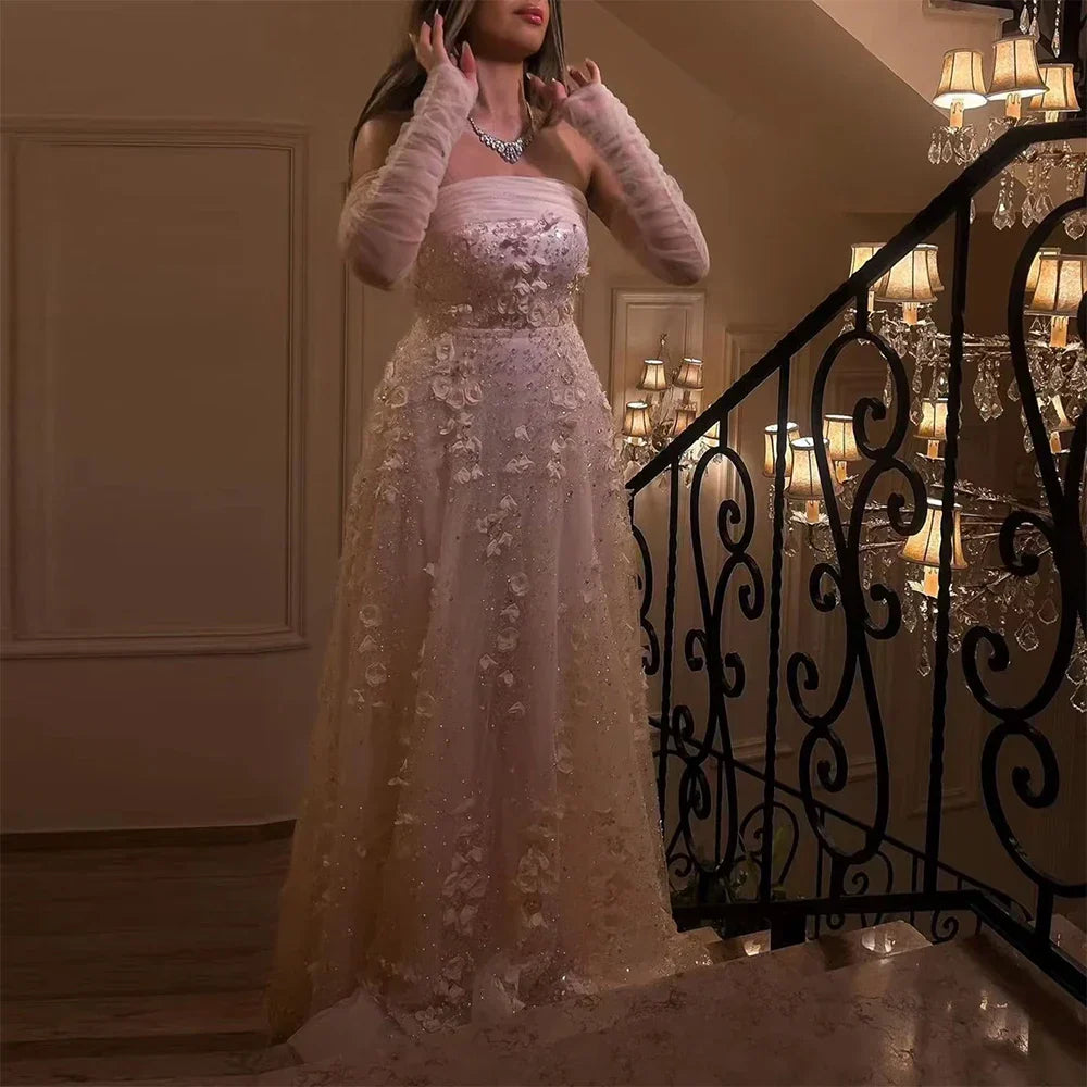 Elegant Peach 3D Flowers Evening Dress with Gloves Arabic Women Wedding Party LA72912