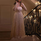 Elegant Peach 3D Flowers Evening Dress with Gloves Arabic Women Wedding Party LA72912
