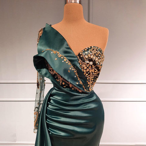 Green One Shoulder Satin Evening Dresses Gowns 2025 Beaded Mermaid Elegant Luxury For Women Party LA71541