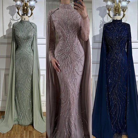 Muslim Sage Green Mermaid Cape Sleeves Beaded Satin Luxury Evening Dresses Gowns for Women Party 2025 LA72413A