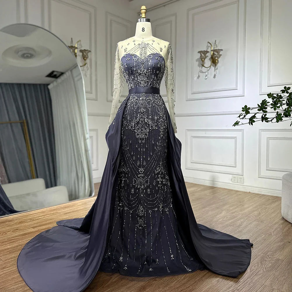 Luxury Beaded Blue Long Sleeves Evening Dresses with Overskirt  LA72757