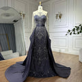 Luxury Beaded Blue Long Sleeves Evening Dresses with Overskirt  LA72757