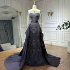 Luxury Beaded Blue Long Sleeves Evening Dresses with Overskirt  LA72757