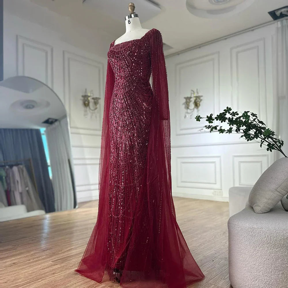 Vestido de noche de sirena color turquesa de Arabia Saudita, con mangas tipo capa con perlas y cuentas, ideal para ocasiones formales (LA72590A) 