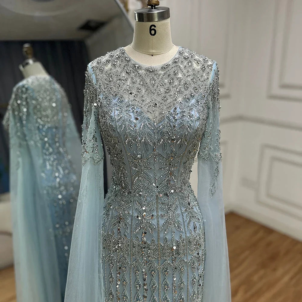 Vestido de noche de lujo con cuentas, estilo sirena, elegante, con mangas capa, color caramelo, para ocasiones formales (LA72775) 