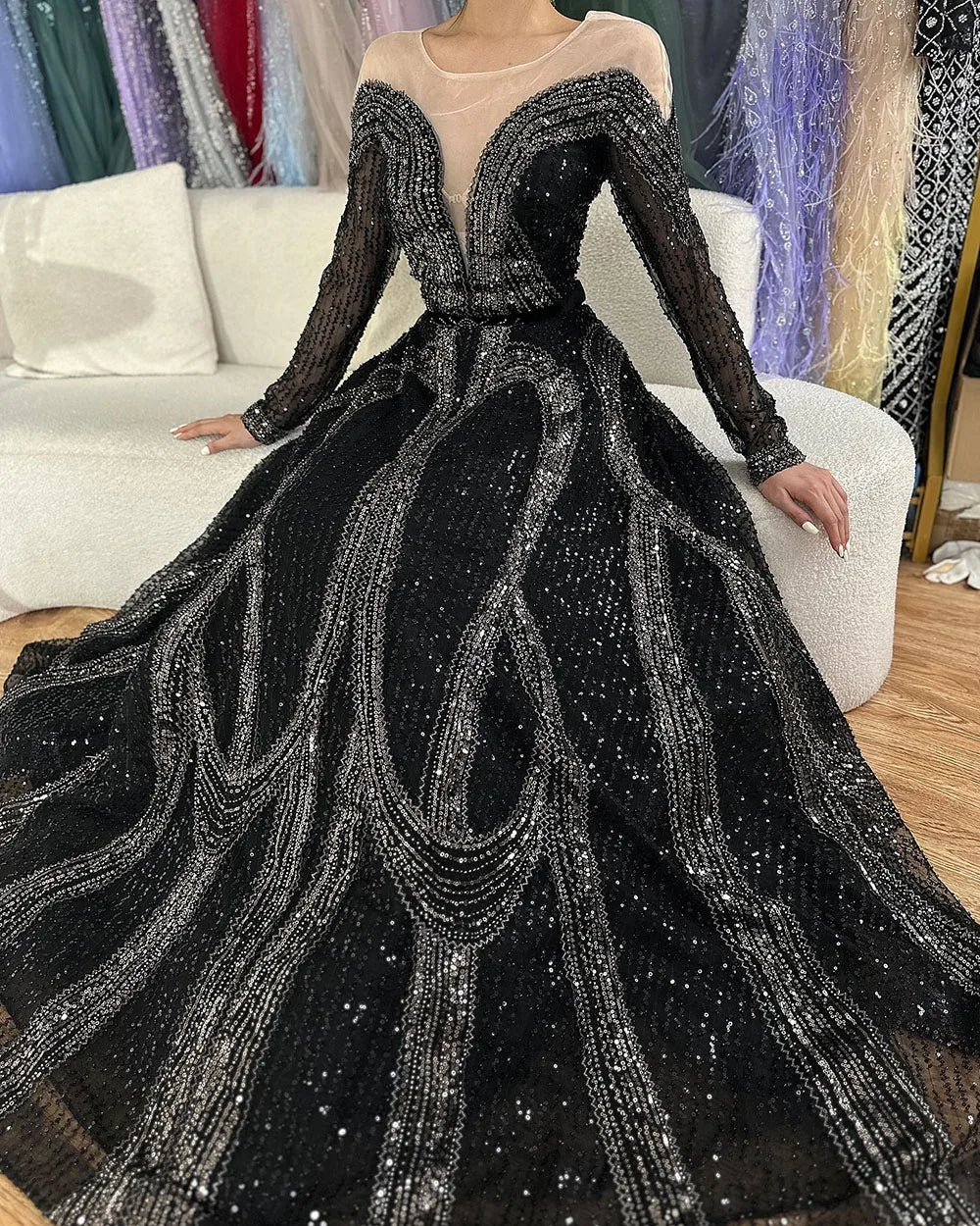 Arabic Elegant Black A Line Shiny Beaded Luxury Dubai Evening Dresses Gowns For Women Wedding Party 2025 LA72566
