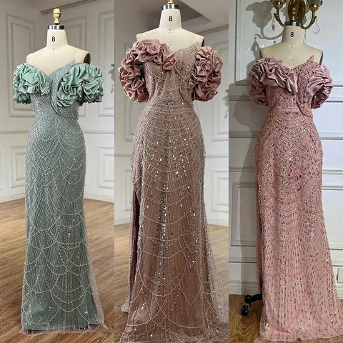 Luxury Dubai Off Shoulder Mermaid Sage Green Evening Dresses For Women Arabic Wedding Party Gown 2025 LA72281