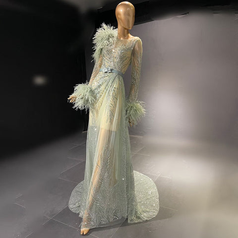 Green Beaded Feather Evening Dresses Gowns 2025 A-Line Luxury Elegant For Women Party LA71535