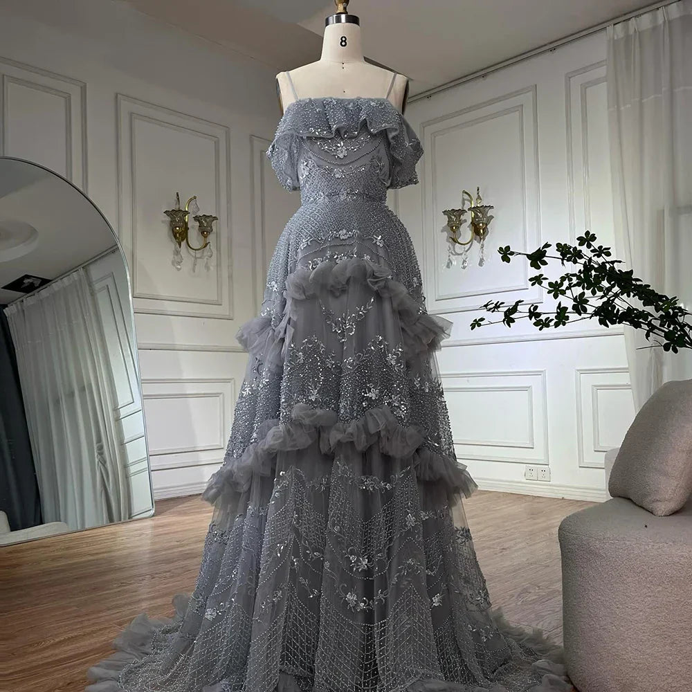 Luxury Silver Gray Off Shoulder Dubai Evening Dress LA72762