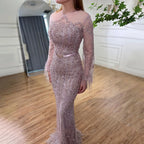 Blue  Long Sleeve Feathers beaded Evening Dresses Dubai Mermaid Luxury Evening Gowns 2025 LA60932