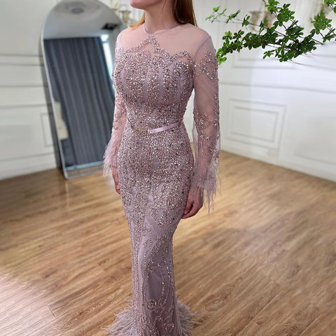 Vestidos de noche de lujo estilo sirena, con plumas y mangas largas azules, estilo sirena, colección 2025 LA60932 