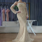Vestido de noche árabe blanco nude elegante sin tirantes con cuentas y guantes para ocasiones formales LA72649 