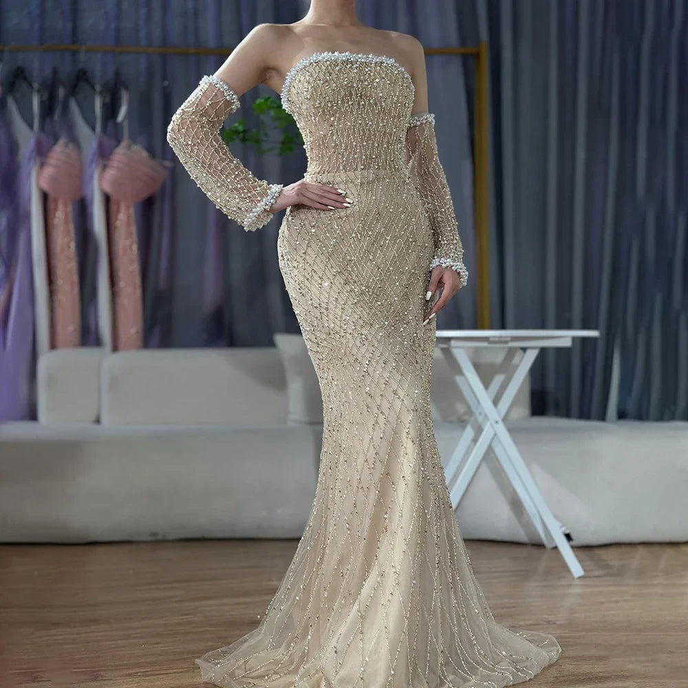 Vestido de noche árabe blanco nude elegante sin tirantes con cuentas y guantes para ocasiones formales LA72649 