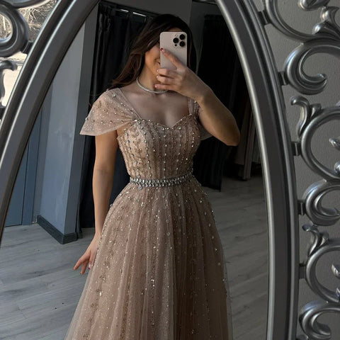 Blue A Line Beaded Backless Evening Dress Gown LA72834