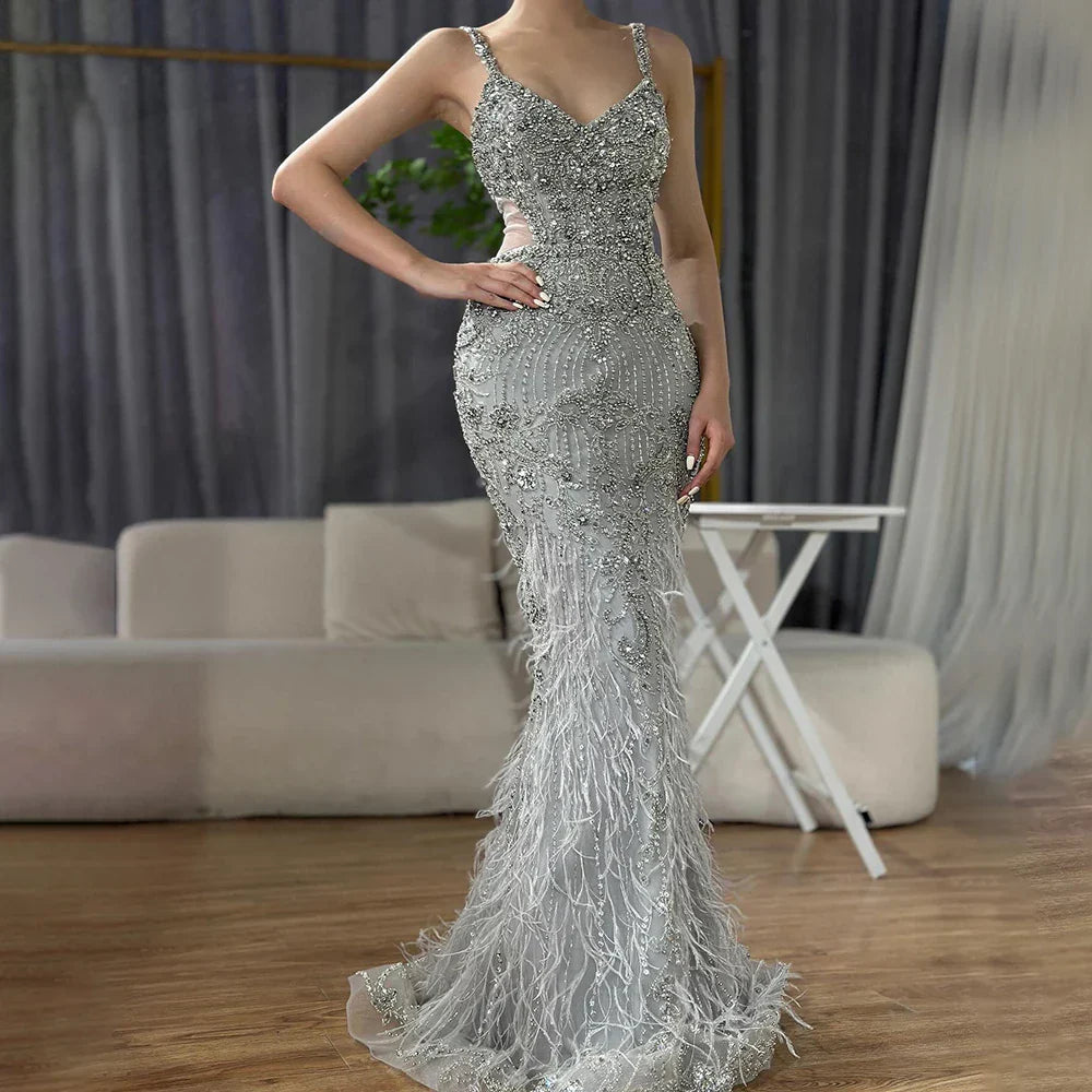 Vestidos de noche de sirena color gris árabe con tirantes finos, lujosos con cuentas, 2025 para bodas y fiestas de mujeres LA71652A 