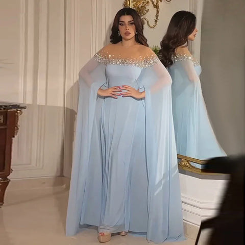 Robe de soirée de luxe arabe bleu ciel avec cristaux, coupe trapèze, avec caftan élégant, pour une occasion formelle, LA72766 