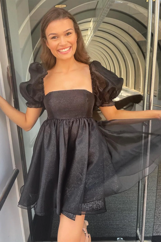 Pink Square Neck Balloon Sleeves A-Line Homecoming Dress Y2434