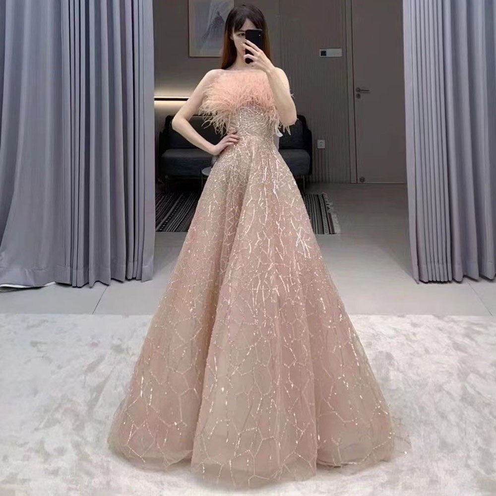Blush Pink Sleeveless A Line Boat Neck Beaded Luxury Feathers Party Dresses Formal Women Evening 2025 LA71797