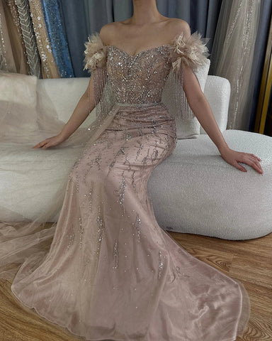 Vestidos de noche de lujo estilo sirena color nude, estilo árabe de Dubái, con cuello barco, borlas y cuentas, para mujer, ideales para bodas y fiestas (2025) LA72260 