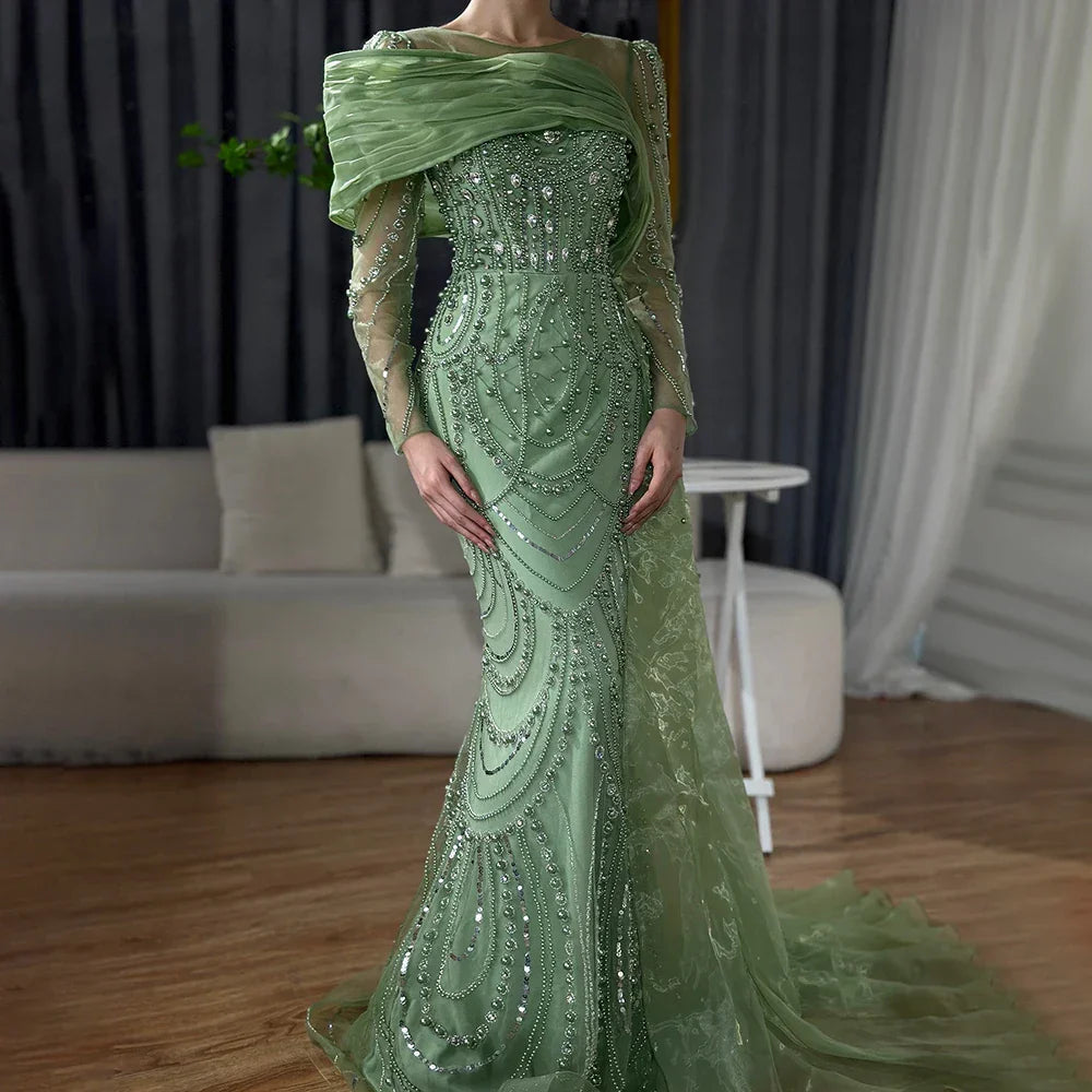 Nude Crystal Mermaid Evening Dress with Overskirt Long Sleeves LA72348