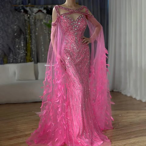 2025 Ladies Wedding Party Fuchsia Elegant Cape Sleeve Mermaid Luxury Beaded Feather Evening Dress Long Dress LA72286
