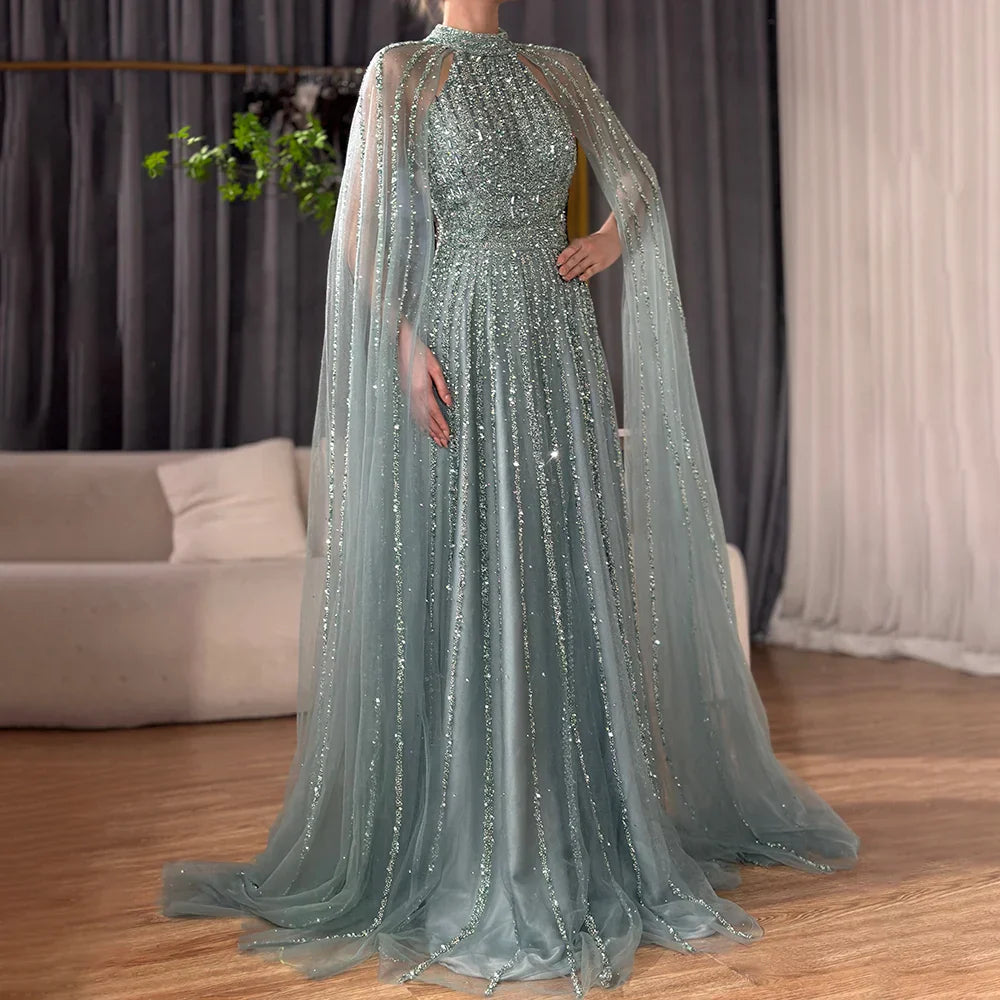 Vestido de noche de lujo saudí LA72306B, corte en A, manga capa, con cuentas, color caramelo árabe, modelo 2025. Ideal para ocasiones formales. 