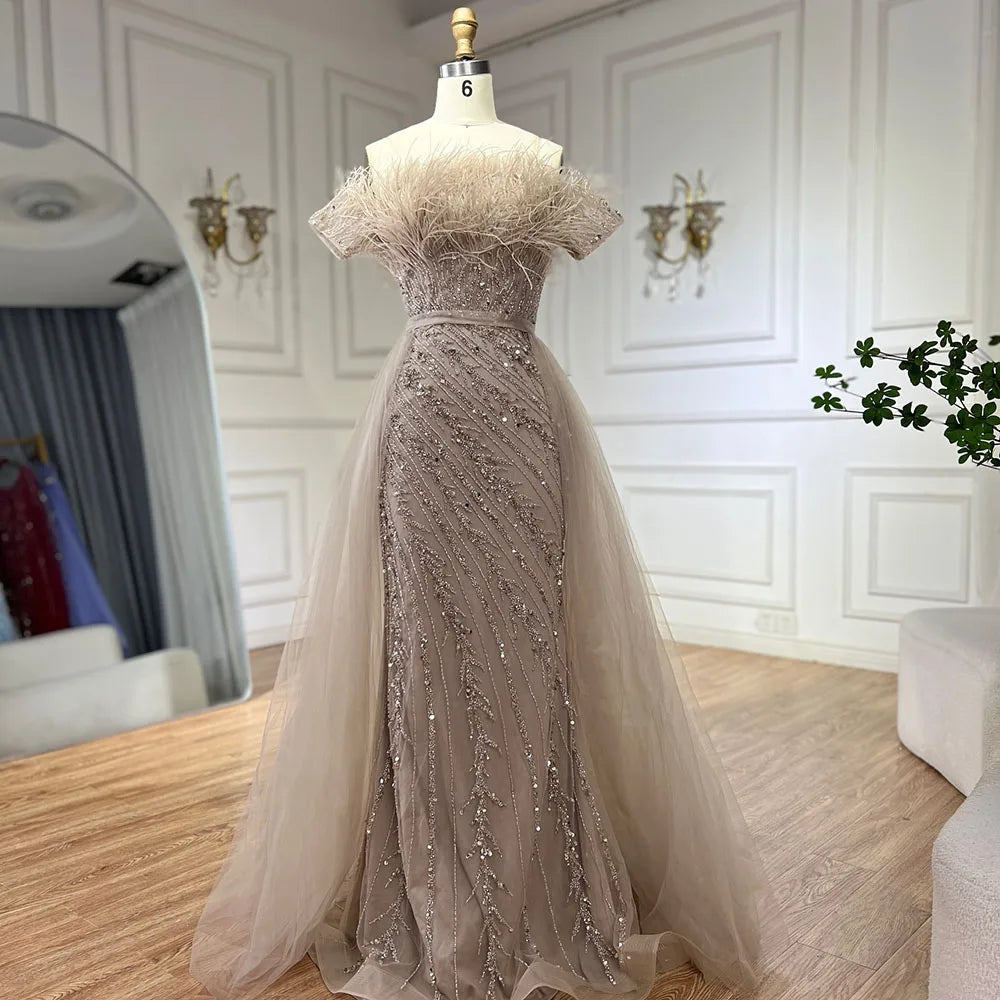 Vestidos de noche elegantes de sirena color caramelo con cuentas, estilo árabe saudí, con sobrefalda para ocasiones formales LA71634A