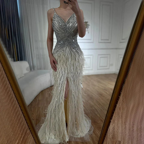 Arabic Black Spaghetti Strap Split Feathers Beaded Mermaid Evening Dresses Gownsfor Women Wedding Party 2025 LA70623