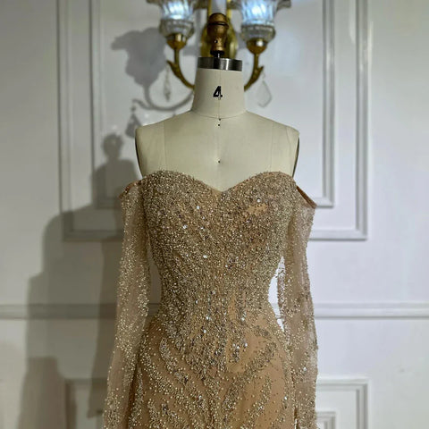 Robe de soirée luxueuse ornée de perles, manches longues et épaules dénudées, paillettes scintillantes (LA72824A)