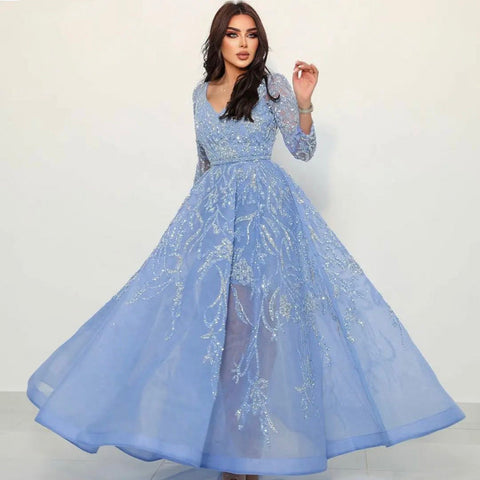 Blue Luxury A-Line Evening Dresses Gowns 2025 Beaded Long Sleeves For Woman Party LA71596